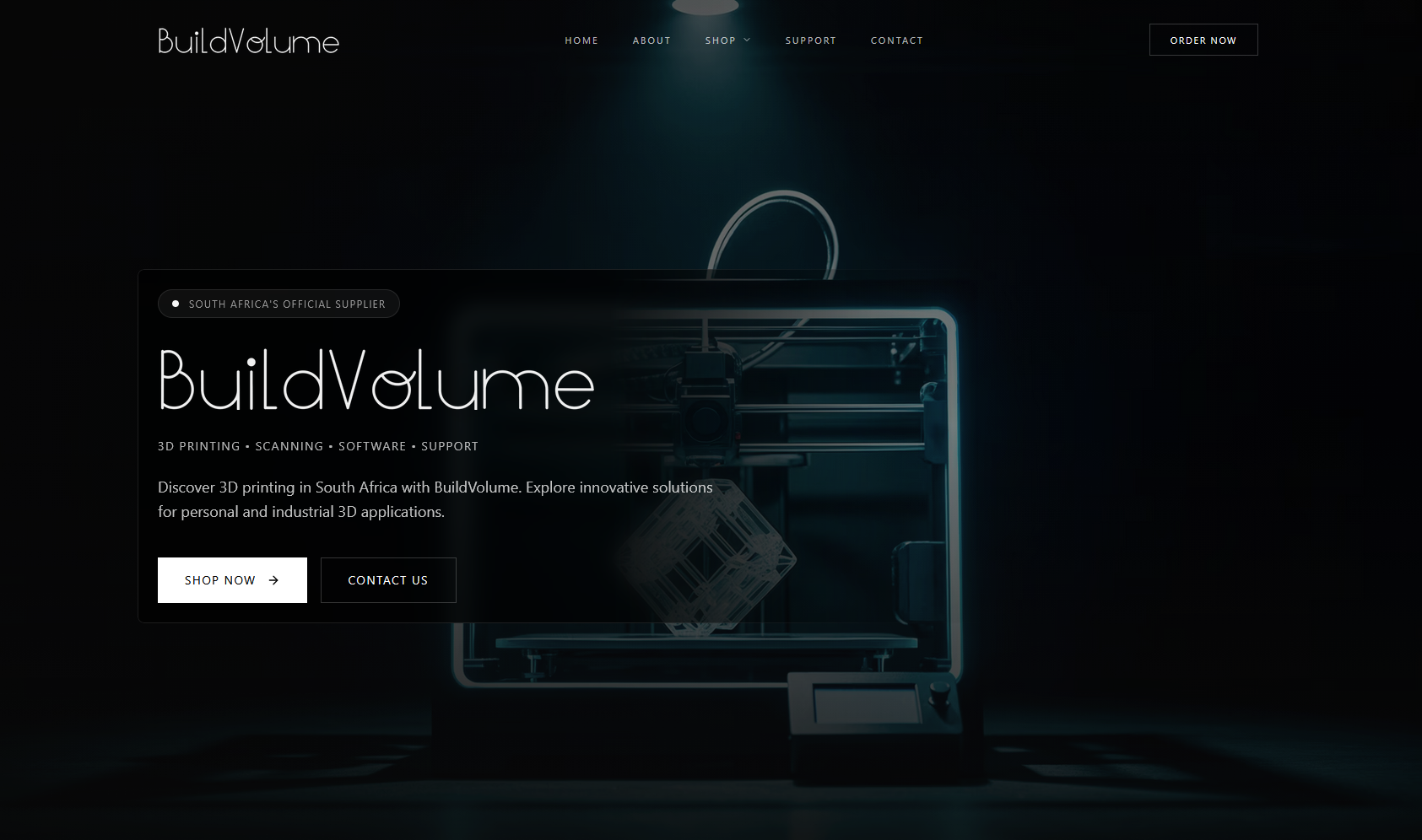 BuildVolume homepage with a 3D printer photograph and shop and contact actions