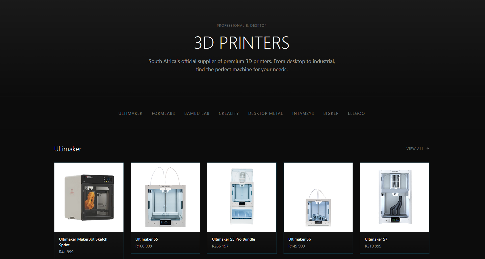BuildVolume 3D-printer catalogue with brand navigation and Ultimaker product cards