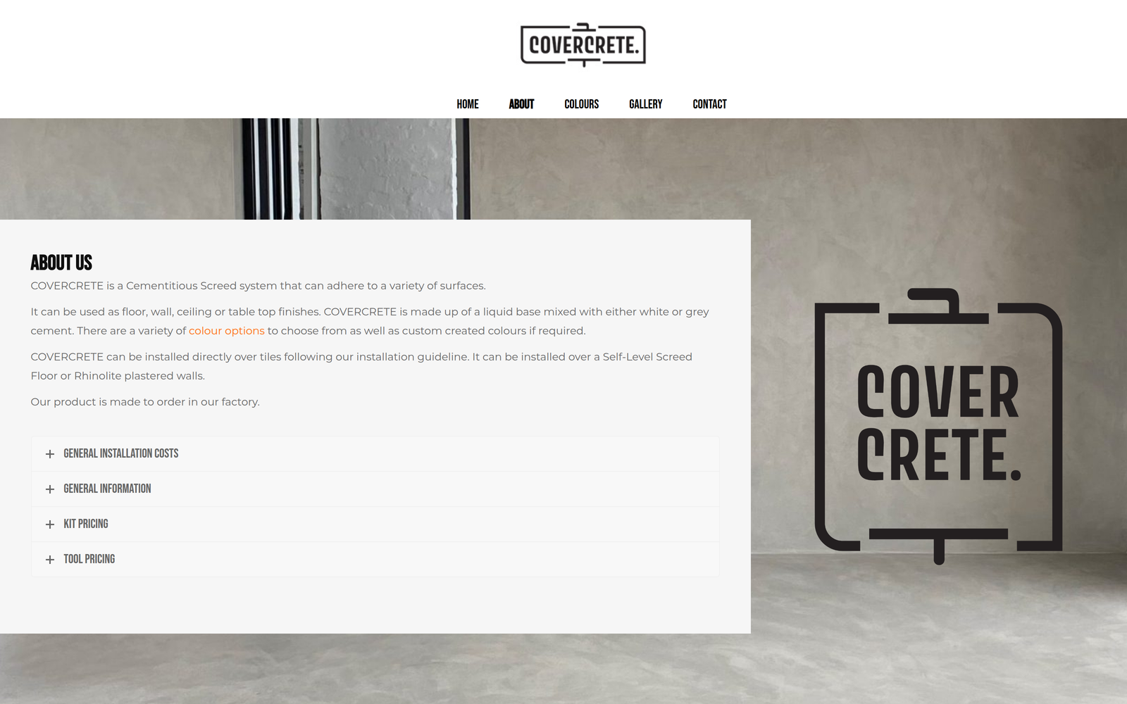 Covercrete about section with service information and expandable product topics