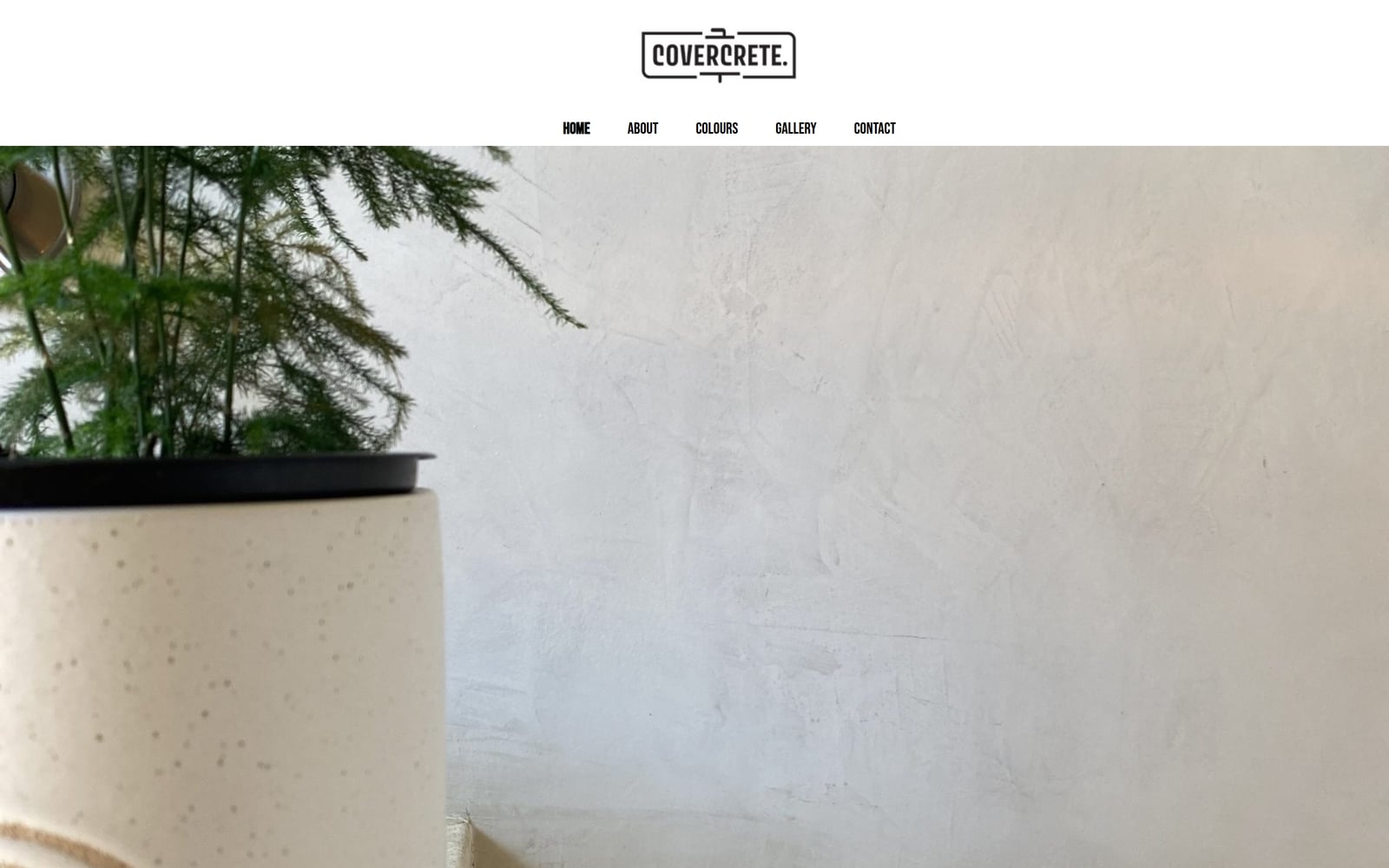 Covercrete homepage with a concrete-finish wall, planter and site navigation