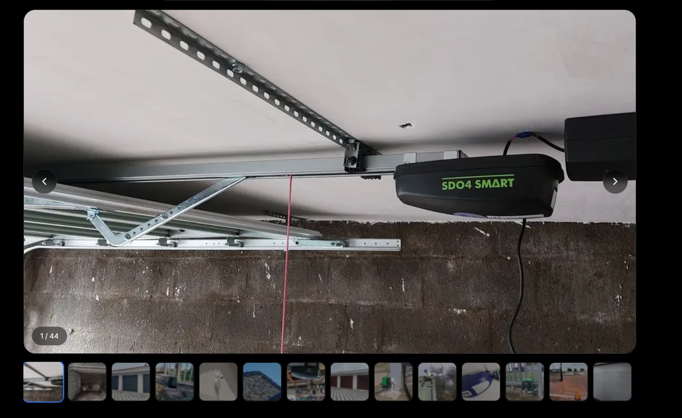 Featherbleu installation gallery showing a garage-door motor with project-image thumbnails