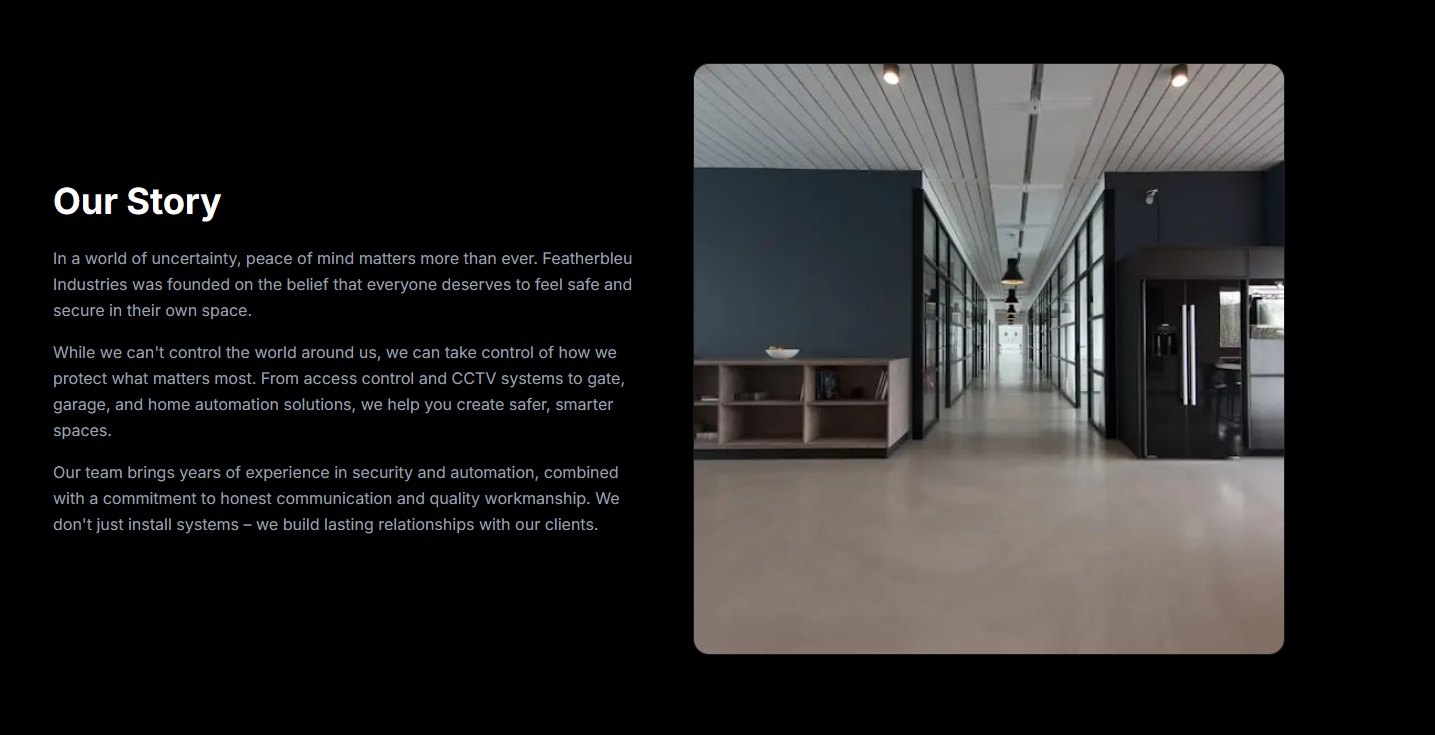 Featherbleu company-story section beside a modern building-interior photograph