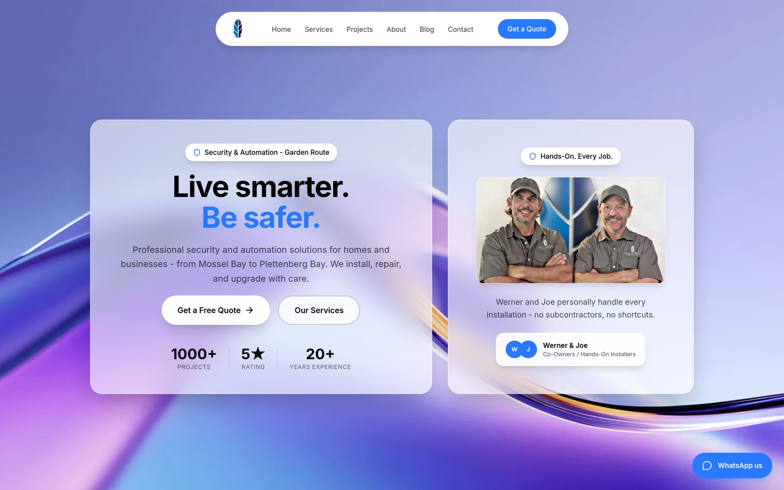 Featherbleu security and automation homepage with team photograph and quote and service actions