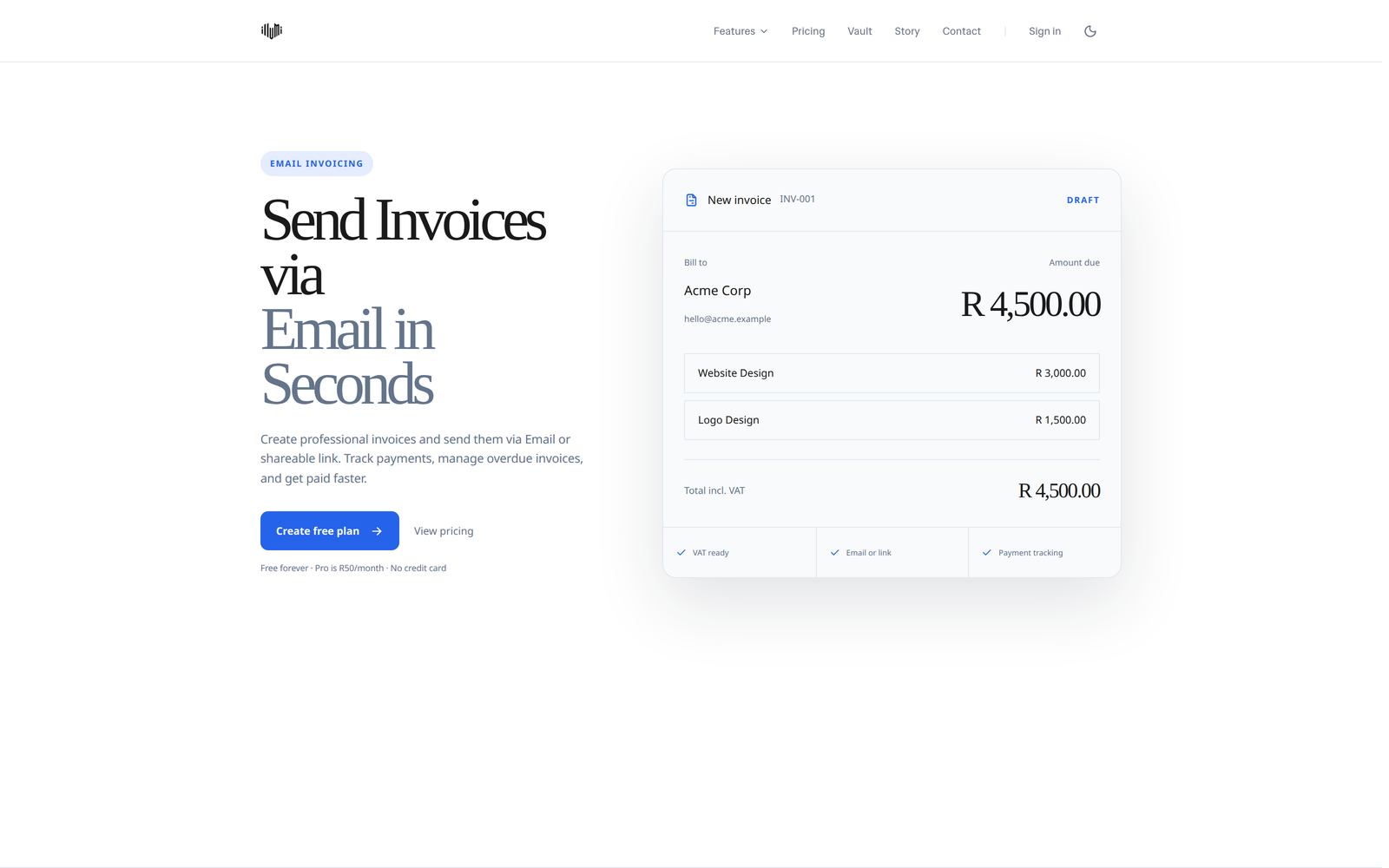 Illumi email-invoicing feature page with an itemised invoice preview