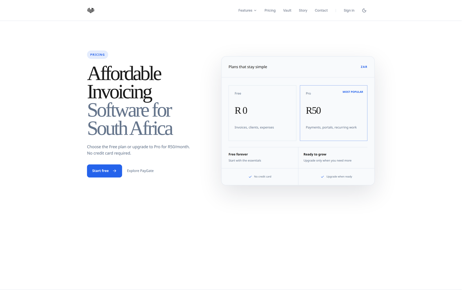Illumi pricing page comparing free and paid invoicing plans