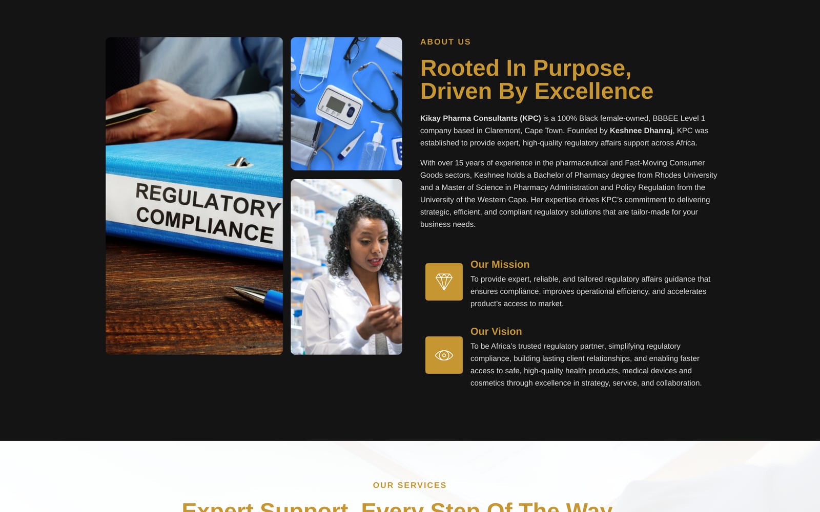 Kikay Pharma company introduction with regulatory-compliance imagery and values link