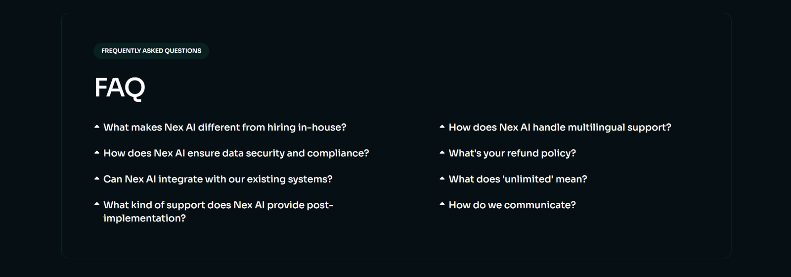 NexAI frequently asked questions section with expandable implementation and integration questions