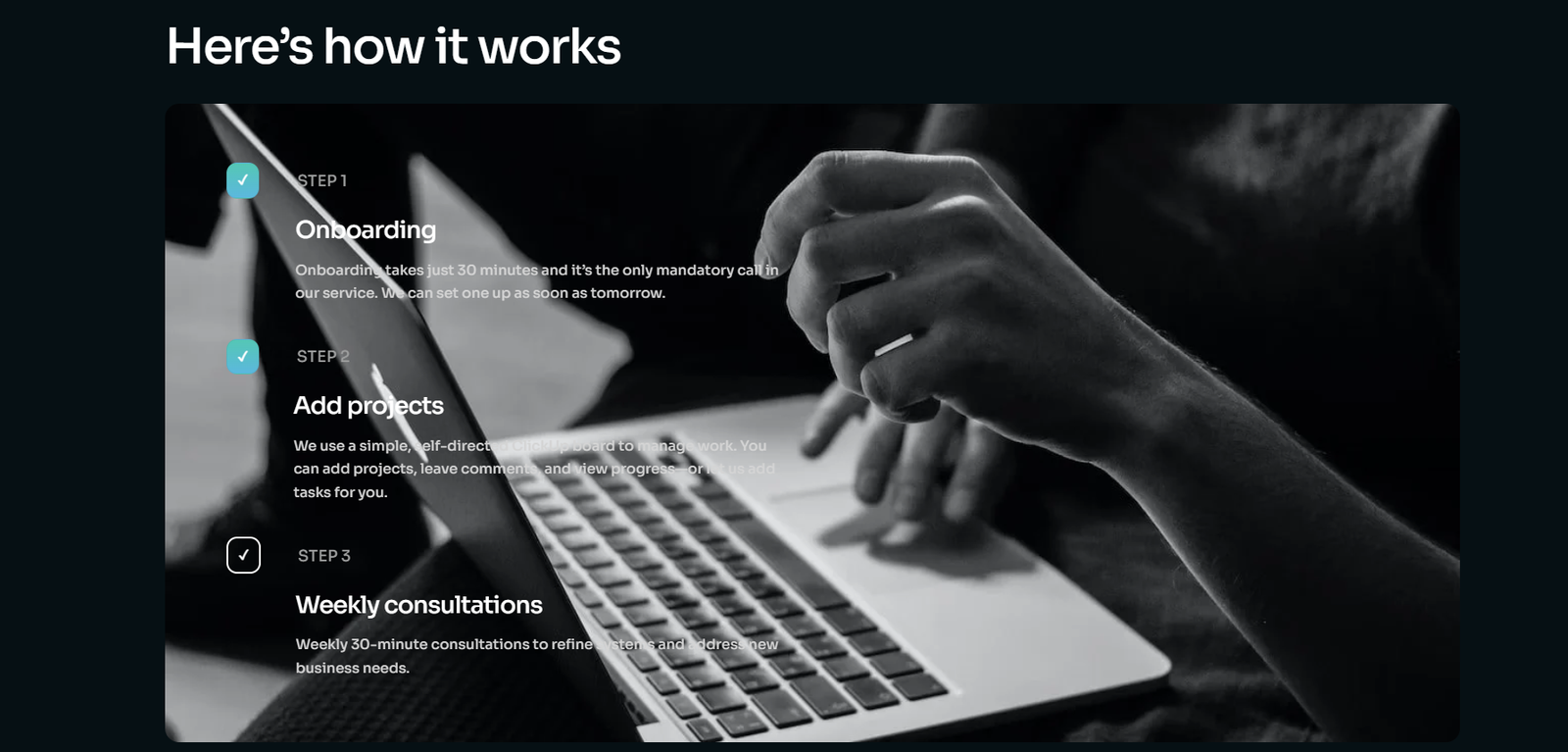 NexAI process section outlining onboarding, project setup and weekly consultations