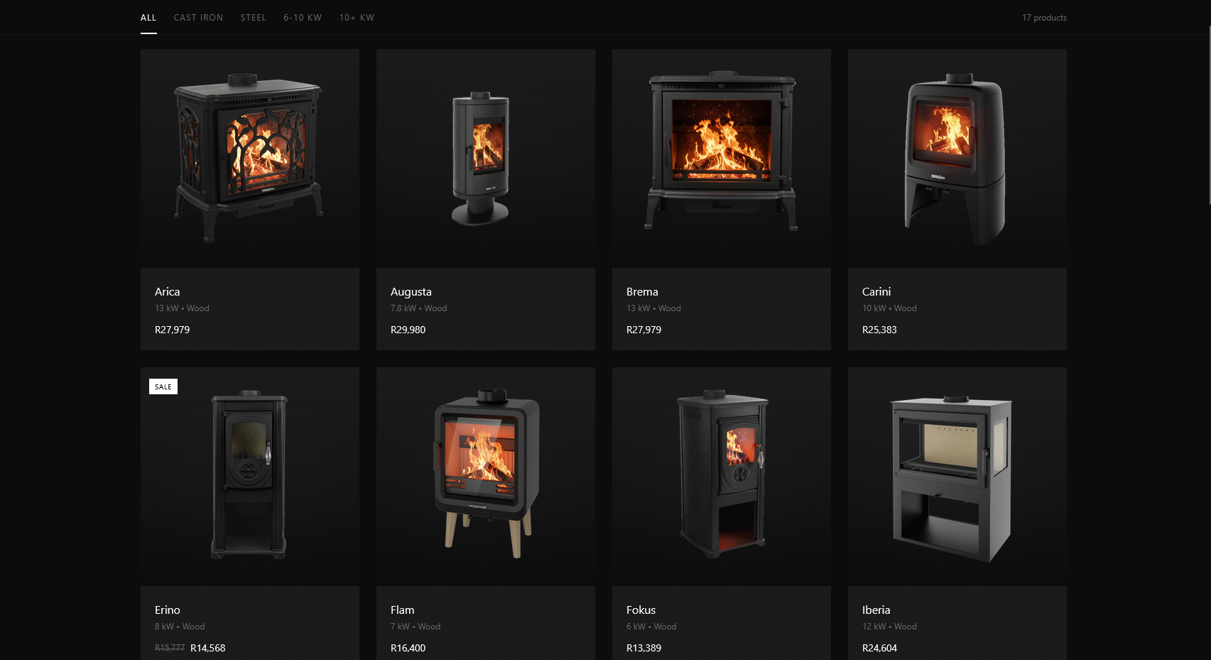 NORDflam product catalogue with fireplace photographs, model names and prices