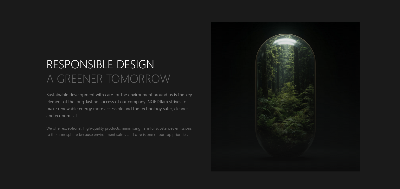 NORDflam responsible-design section with forest imagery and environmental design copy