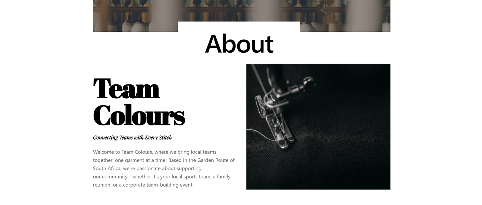 Team Colours about page with company introduction and monochrome product photography