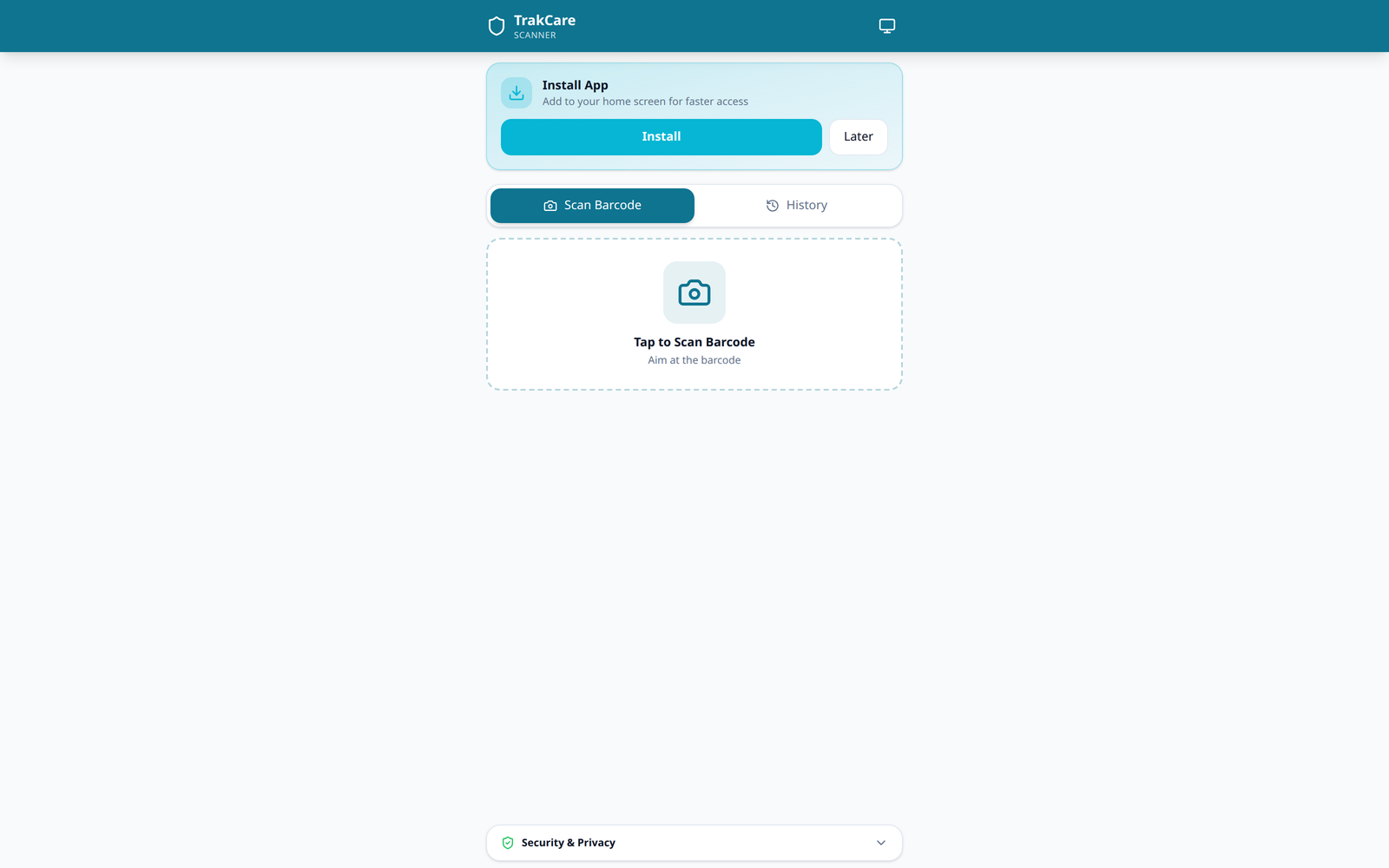 TrakCare barcode-scanner start screen with install-app prompt, scan and history tabs