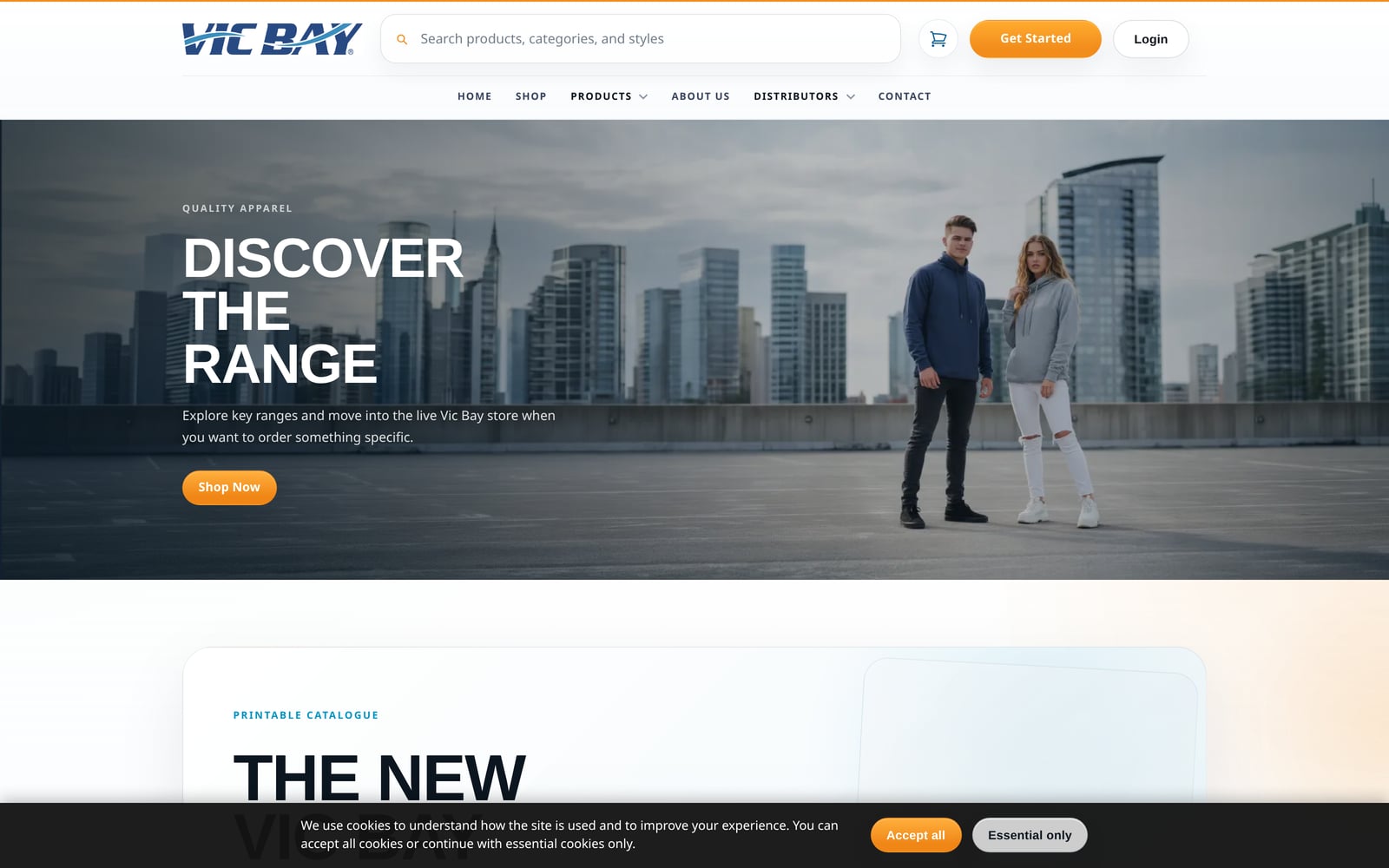 VicBay clothing-range landing page with apparel photography and catalogue introduction