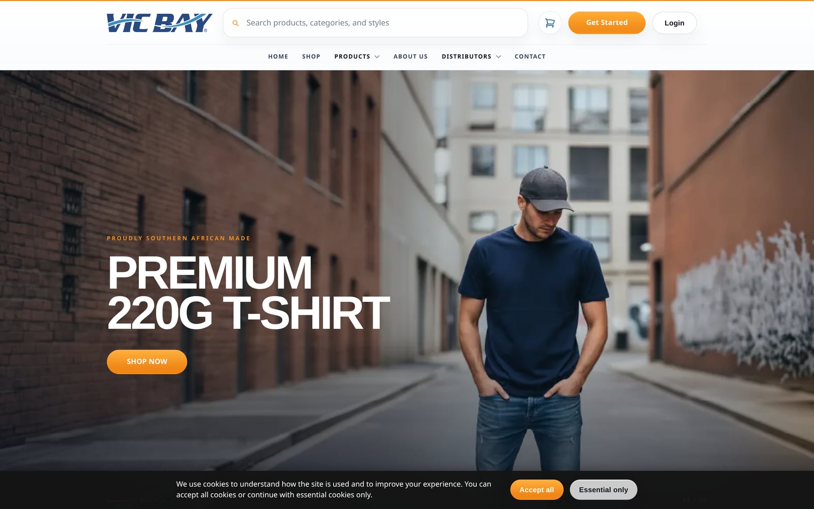 VicBay apparel homepage featuring a premium T-shirt campaign and product navigation