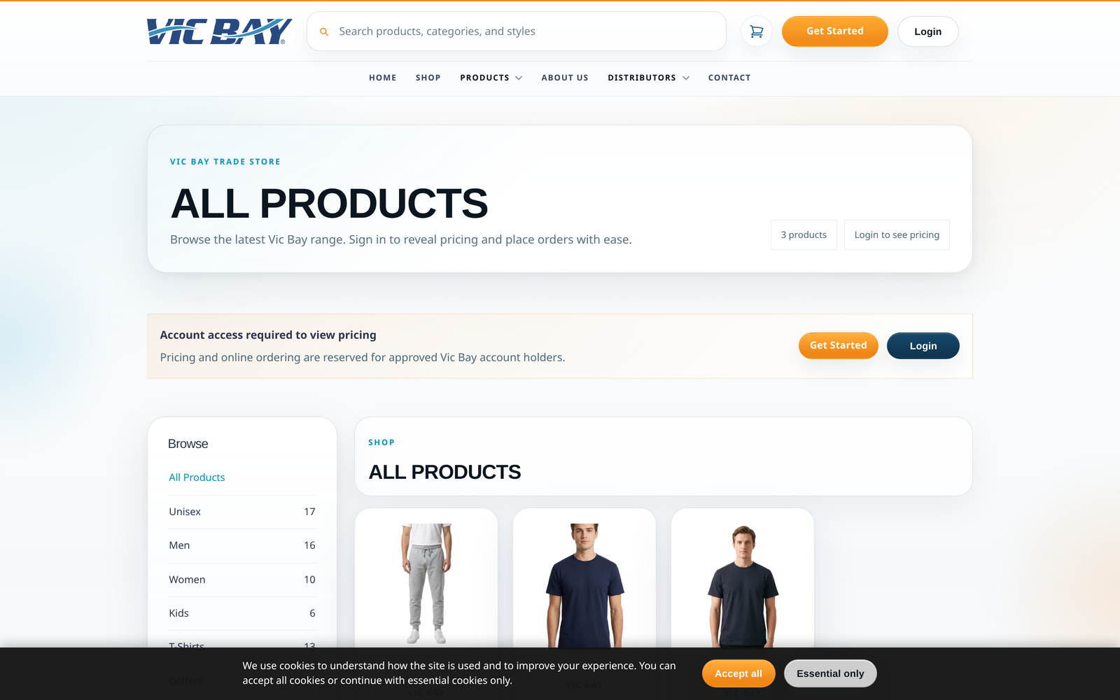VicBay all-products catalogue with category filters and clothing product cards