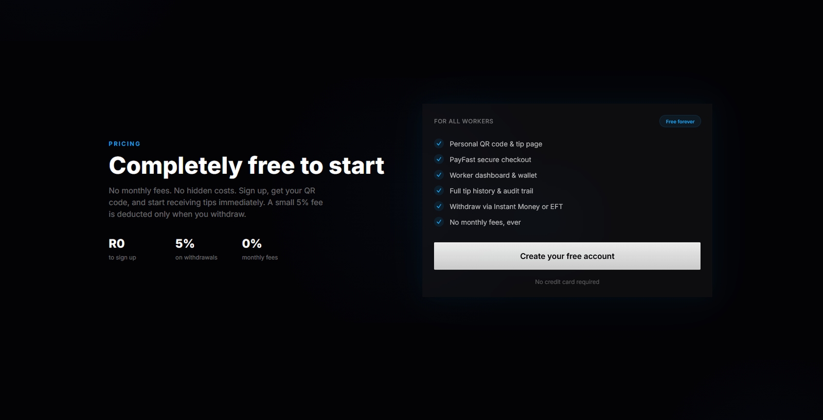 Slip a Tip pricing section with fee breakdown, included features and account-creation action