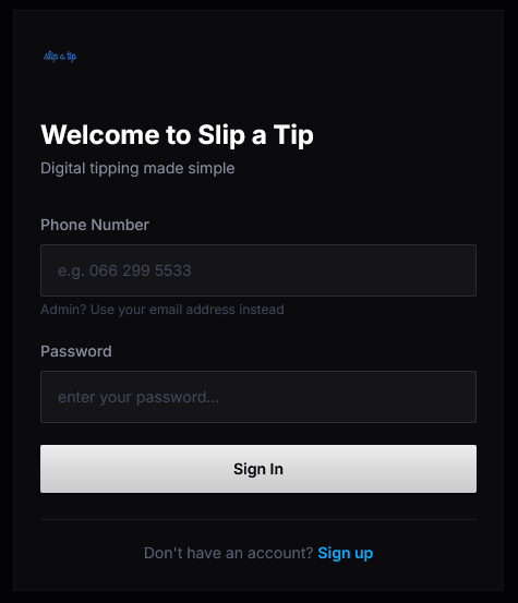 Slip a Tip sign-in form with phone-number and password fields