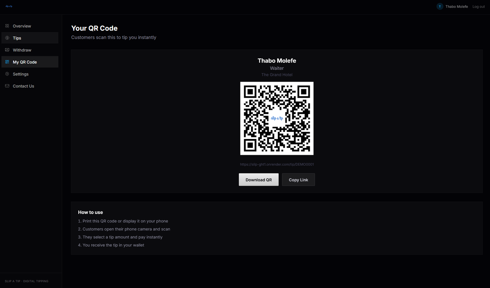 Slip a Tip personal QR-code page with download and copy-link controls