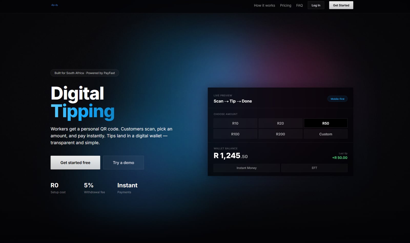 Slip a Tip homepage introducing digital tipping with a demonstration tip amount selector