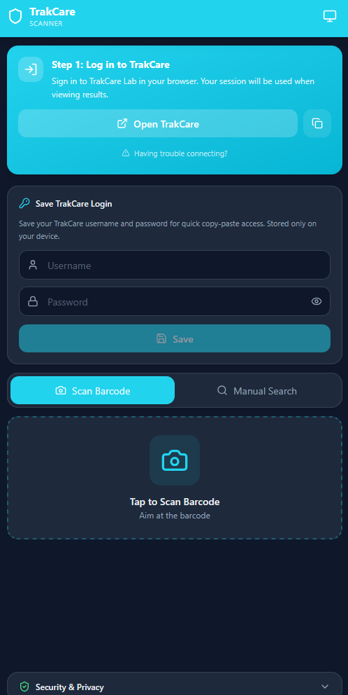 TrakCare Barcode Scanner — Next.js · Healthcare · Utility