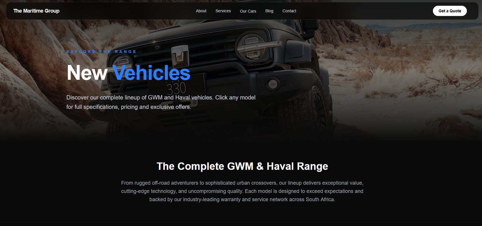 Automotive new-vehicles page introducing a GWM and Haval vehicle range