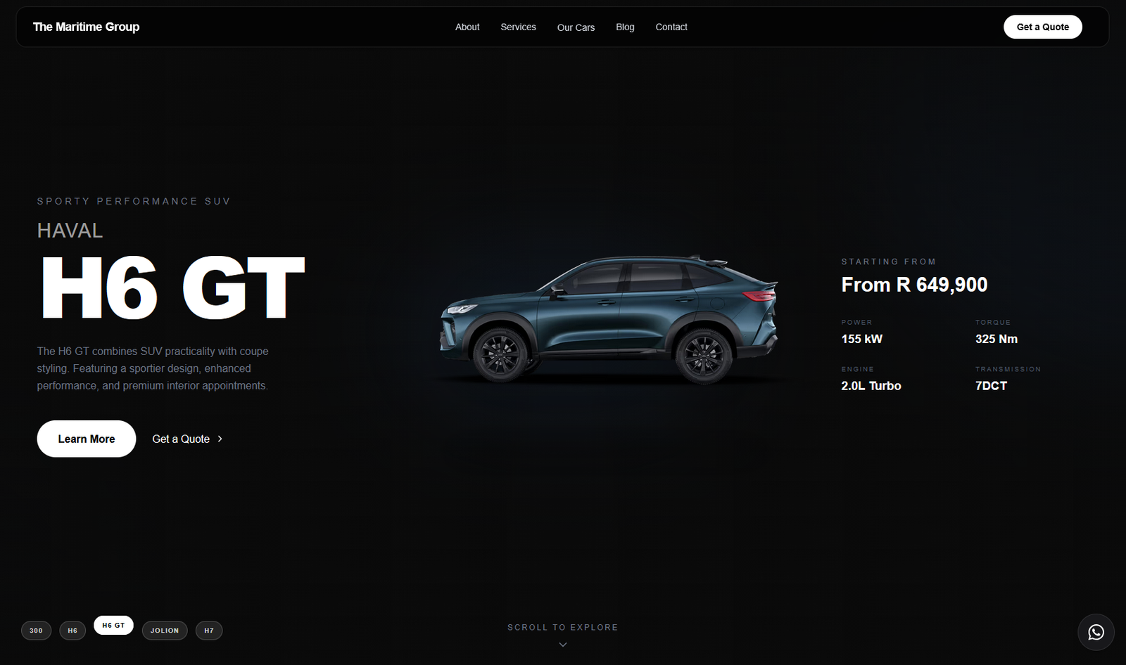 Automotive project preview featuring a Haval H6 GT, model specifications and enquiry actions