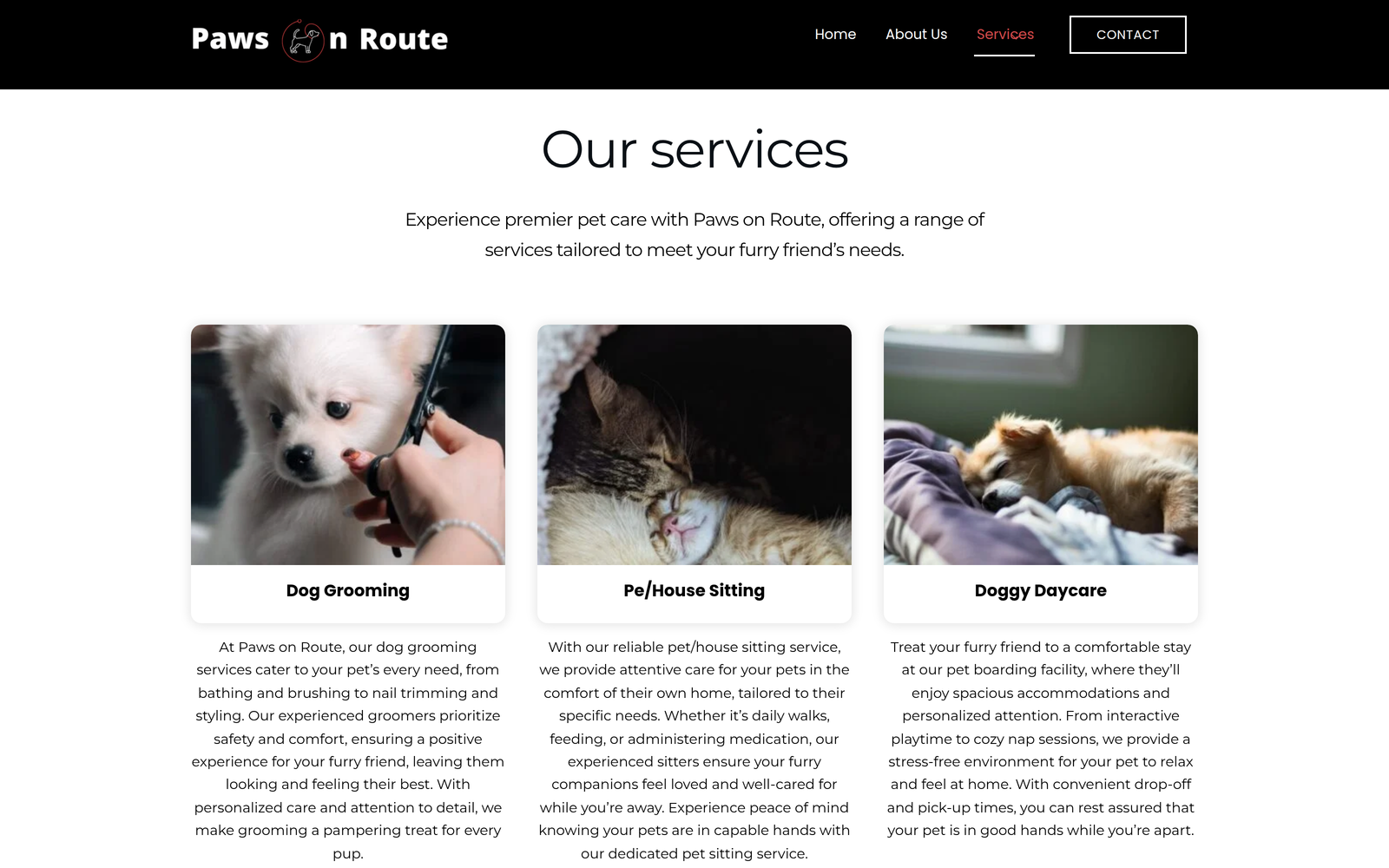 Paws On Route service cards for dog grooming, pet and house sitting, and doggy daycare