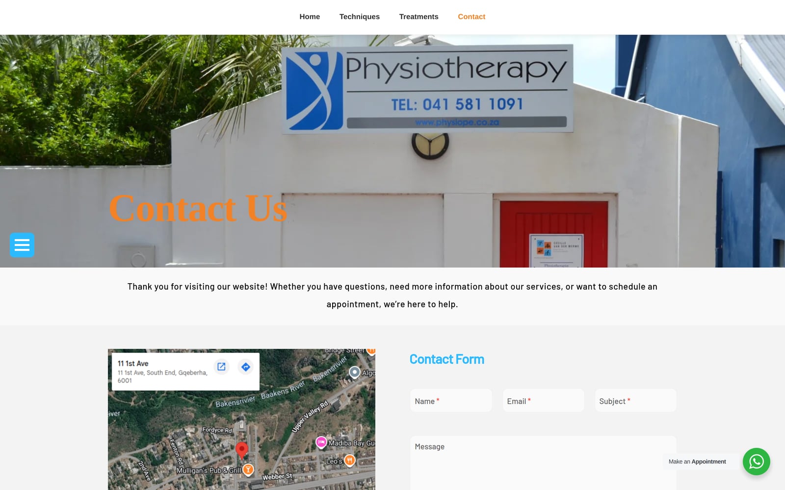 Physiotherapy contact page with practice photograph, location map and enquiry form