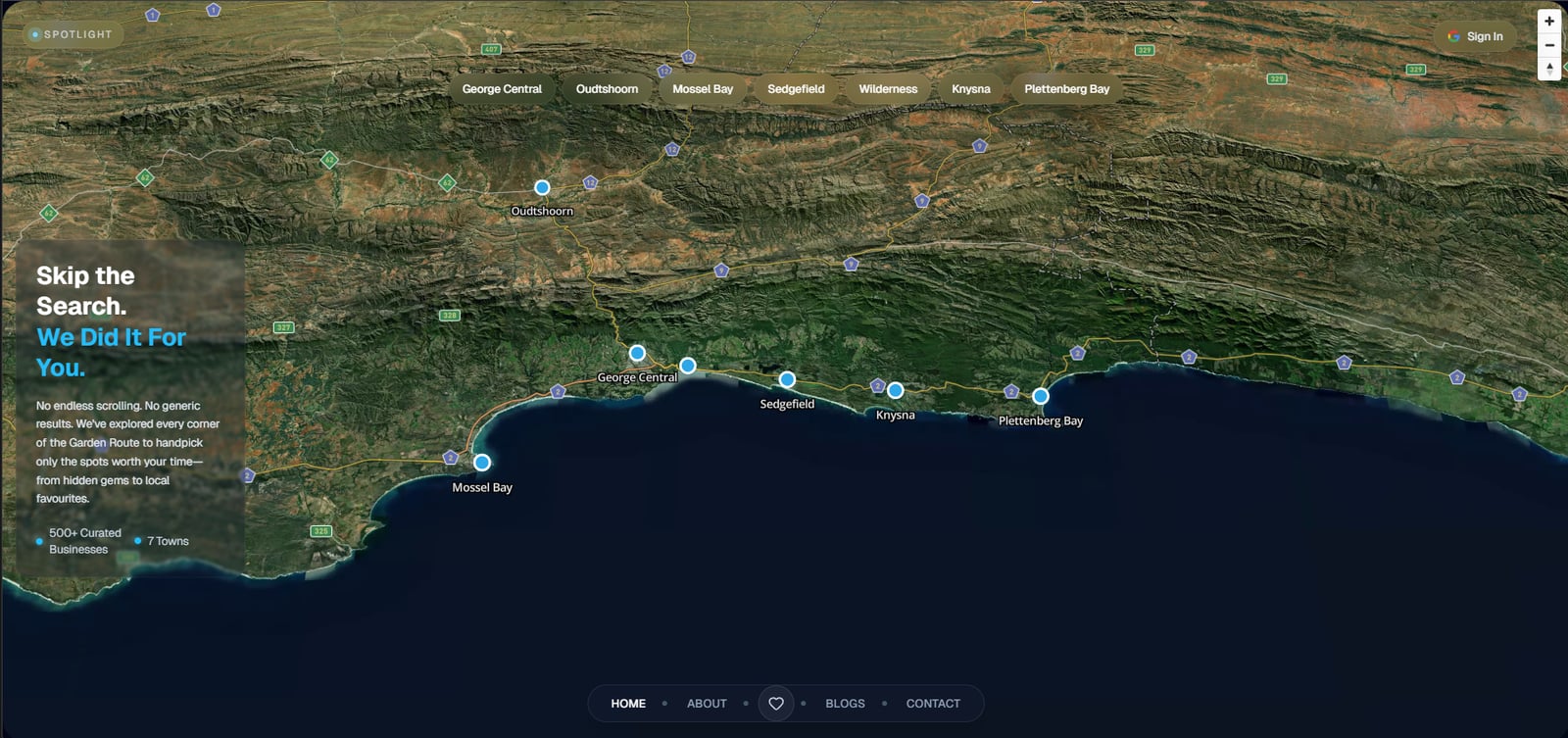Spotlight discovery interface with a Garden Route map, location markers and category navigation